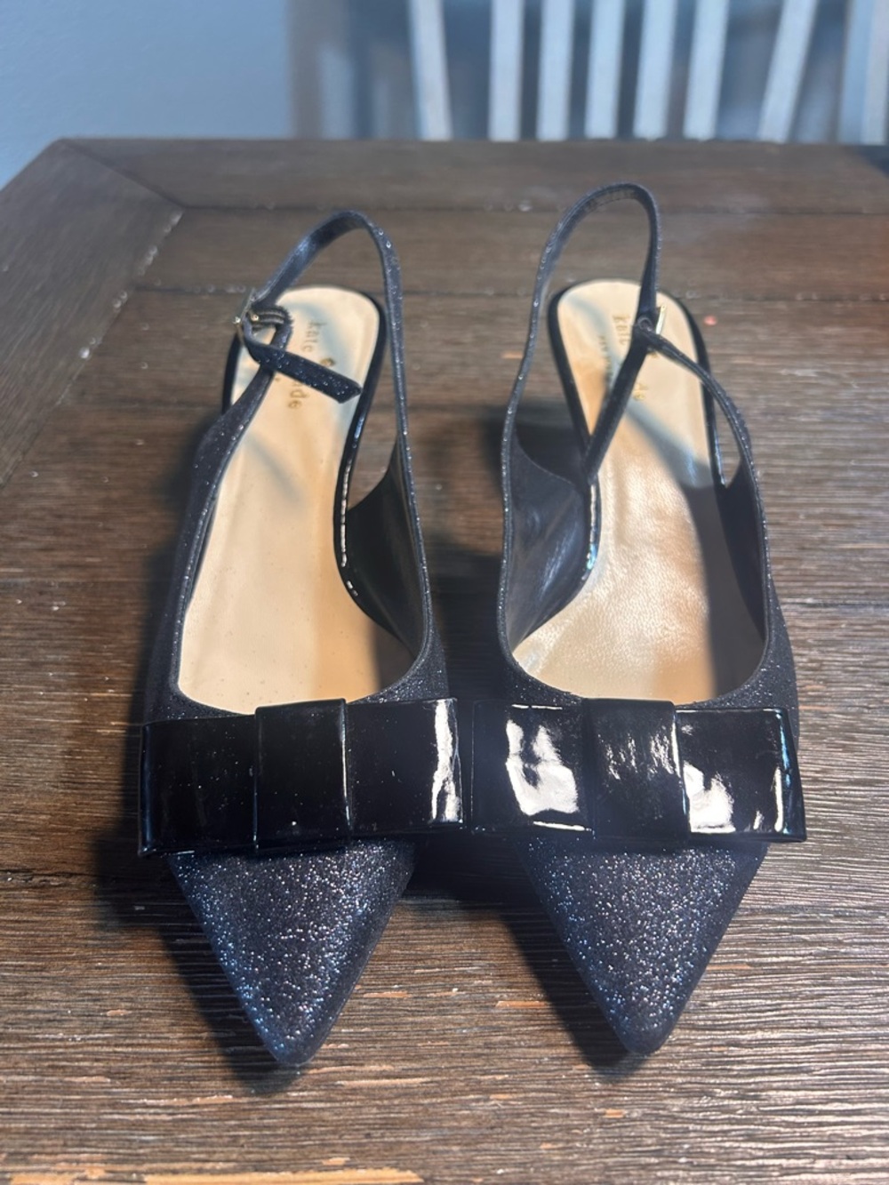 Black Pointed Slingback Heels with Bow